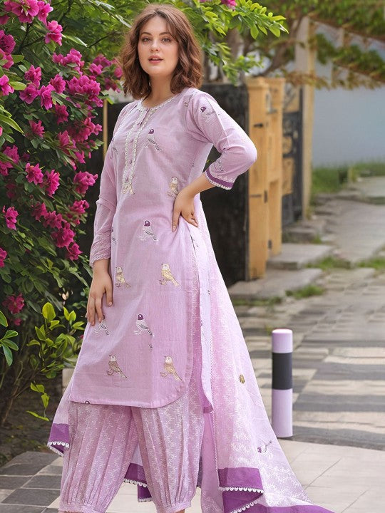 Animal Printed Round Neck Straight Kurta With Patiala & Dupatta